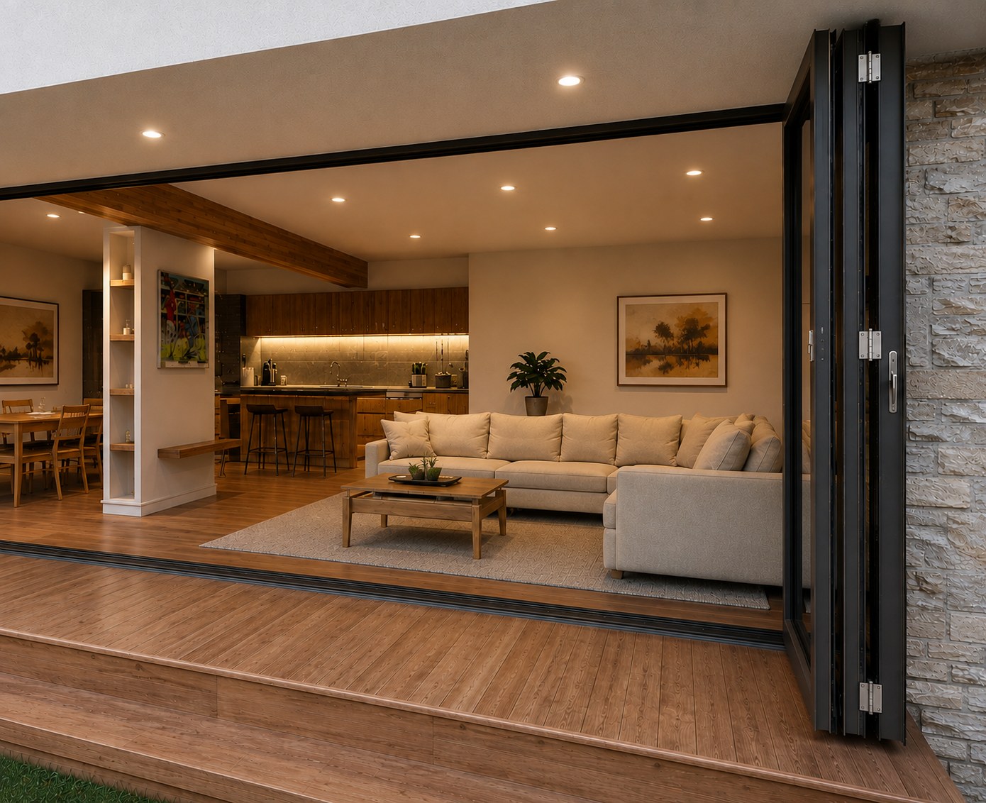 Bifold doors folded fully open, connecting the open-plan living space with the terrace