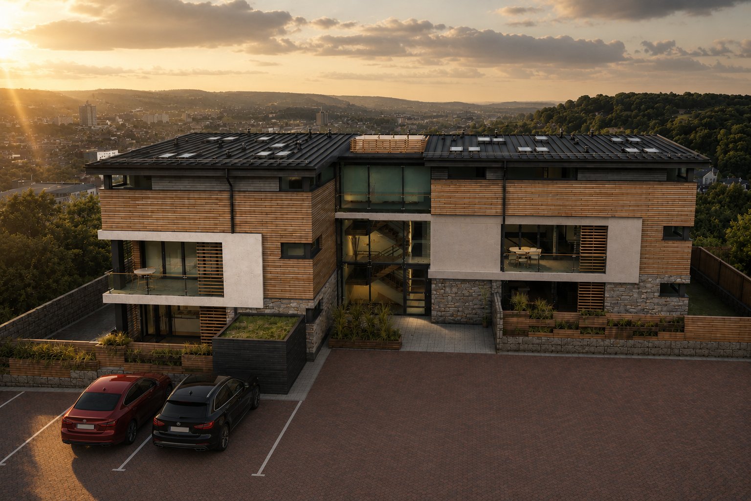 Aerial rendering of the new apartment building at sunset, with panoramic views over Sheffield