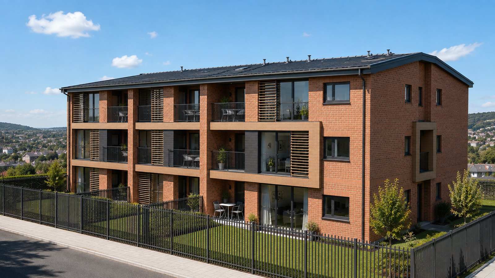 Variant 2 in daylight — brick elevations, timber louvres and private balconies