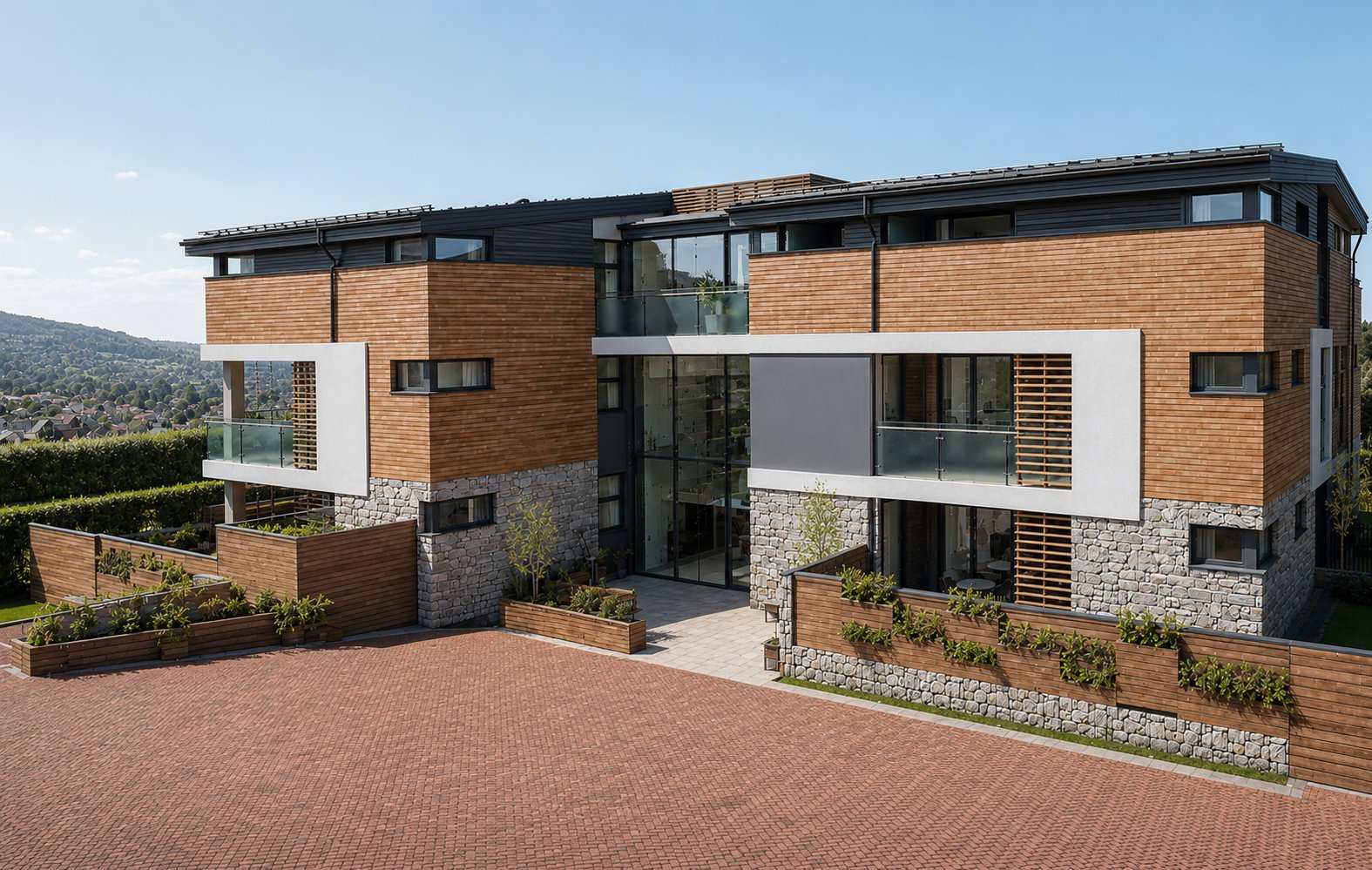 Variant 1 in daylight — timber-clad apartment building with stone base and glazed stair core