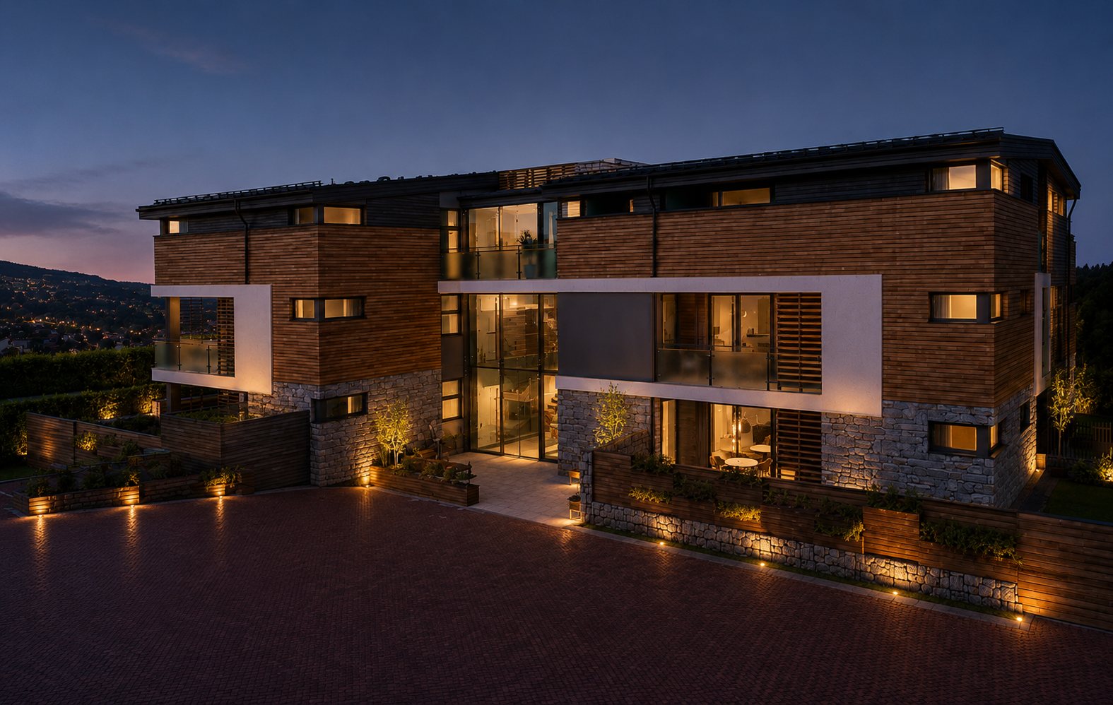 New apartment building rendering at dusk