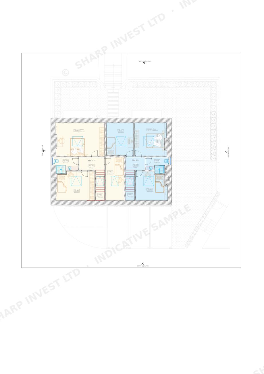 Second floor plan of the Ball Inn — bedroom levels of two duplex apartments