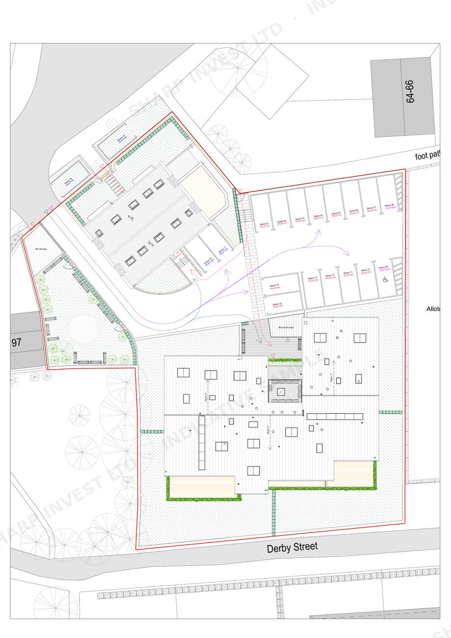 Variant 1 site plan showing the property boundary, both buildings, parking spaces and access routes