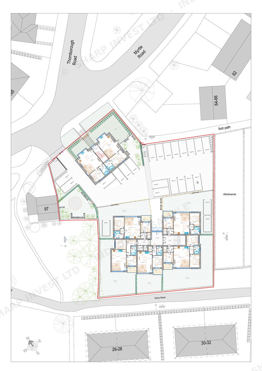Variant 2 situation plan showing ground-floor layouts of both buildings and expanded parking