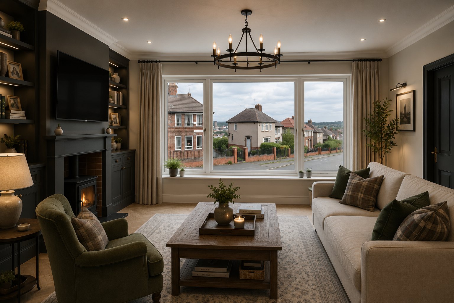 Indicative interior rendering of a converted apartment in the Ball Inn - living room with fireplace and hilltop views over Heeley