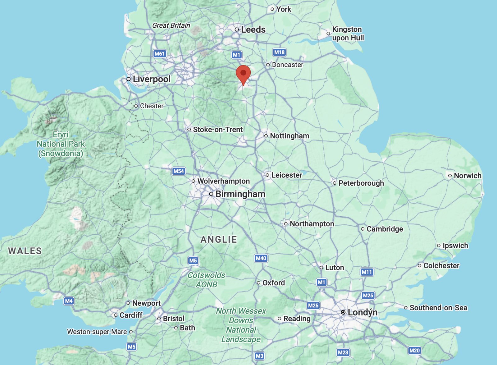 Map of Great Britain showing the location of Sheffield relative to the Peak District, Leeds, Manchester, Nottingham, Birmingham and London